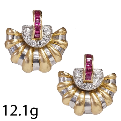 100 - ATTRACTIVE PAIR OF RUBY AND DIAMOND FAN SHAPED EARRINGS CLIPS, 
12.1 grams, testing 18 ct. gold.
Rub... 