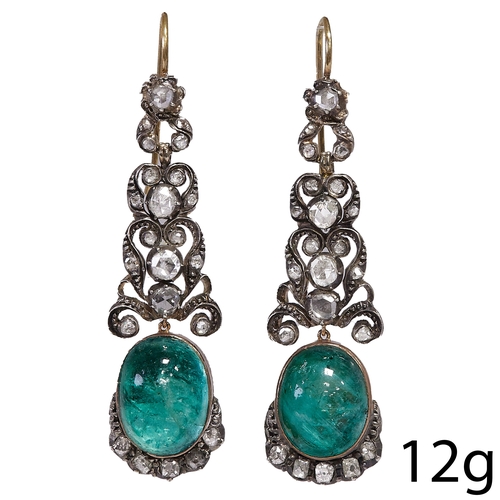 119 - PAIR OF ANTIQUE DIAMOND AND EMERALD DROP EARRINGS, 
12 grams.
The diamond tops suspending emerald dr... 