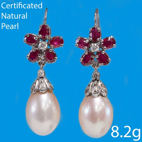 66 - PAIR OF CERTIFICATED NATURAL PEARL AND CULTURED PEARL, RUBY AND DIAMOND EARRINGS,
8.2 grams, testing... 