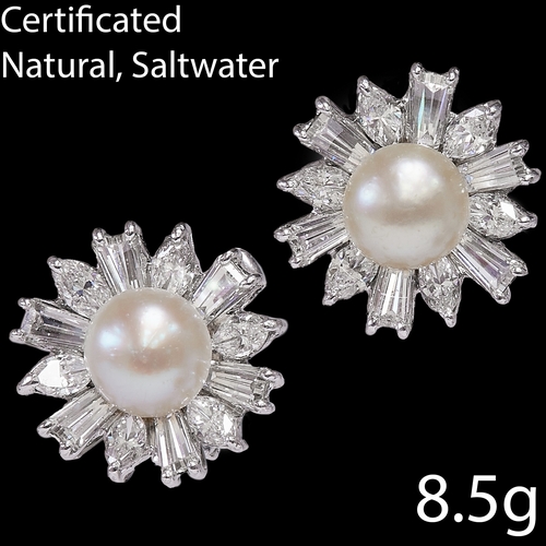 68 - PAIR OF CERTIFICATED NATURAL SALTWATER PEARL AND DIAMOND EARRINGS,
8.5 grams, 18 ct. gold.
The pearl... 
