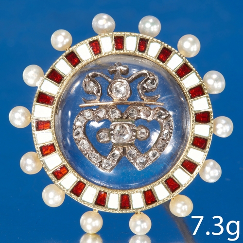 75 - ANTIQUE ENAMEL, PEARL, DIAMOND AND ROCK CRYSTAL GOLD BROOCH,
7.3 grams,
The center with a diamond do... 