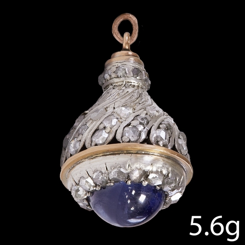 85 - FINE ANTIQUE SAPPHIRE AND DIAMOND PENDANT,
5.6 grams.
Cabochon cut blue sapphire.
Diamonds bright an... 