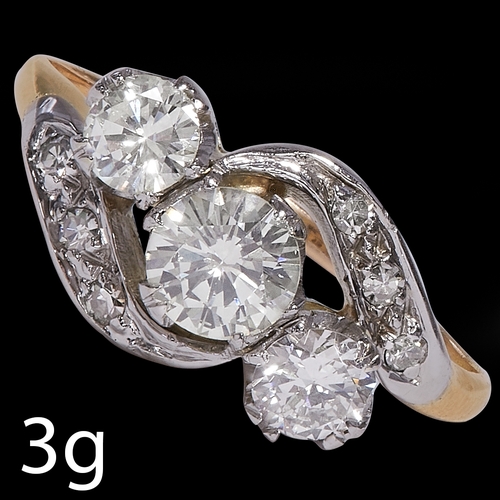 54 - DIAMOND 3-STONE TWIST RING, 
3 grams, testing 14 ct. gold.
Set with 3 larger bright and lively diamo... 