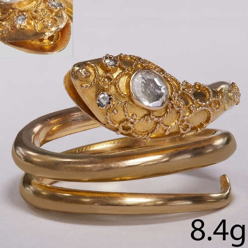 105 - ANTIQUE DIAMOND SNAKE RING,
8.4 grams, testing 14 ct. gold.
Larger rose cut diamond to the head.
Siz... 