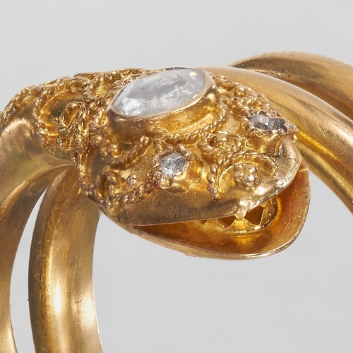 105 - ANTIQUE DIAMOND SNAKE RING,
8.4 grams, testing 14 ct. gold.
Larger rose cut diamond to the head.
Siz... 