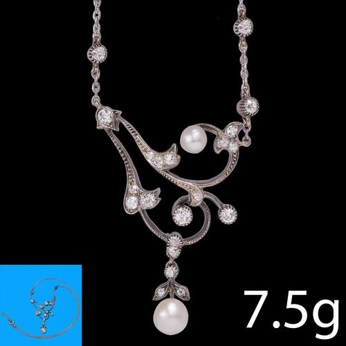 52 - BELLE EPOQUE PEARL AND DIAMOND PENDANT NECKLACE,
7,5 grams. 
Largest pearl of approx. 6.3 mm. (untes... 