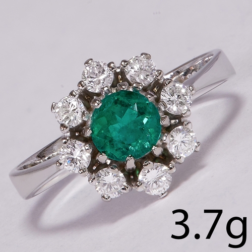 65 - FINE EMERALD AND DIAMOND CLUSTER RING, 
3.7 grams, 18 ct. gold. 
Gemstones totalling approx. 1.09 ct... 