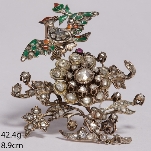 16 - ANTIQUE DOUBLE 'EN TREMBLANT' DIAMOND AND ENAMEL BROOCH,
42.4 grams.
The trembling bird with enamel ... 