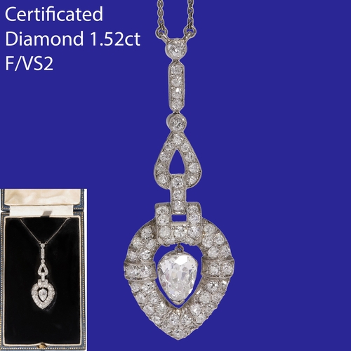 21 - IMPORTANT DIAMOND DROP PENDANT NECKLACE,
Platinum. 
Suspending a 1.52 ct. old cut pear shaped diamon... 