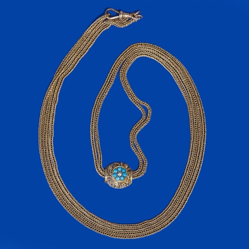 44 - ANTIQUE GOLD GUARD CHAIN, WITH TURQUOISE SLIDER 
27.5 grams, testing 18 ct. gold
Fine links.
L 152 c... 