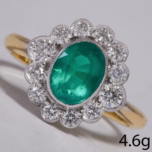 57 - EMERALD AND DIAMOND CLUSTER RING,
4.6 grams, 18 ct. gold.
Rich and vibrant emerald of approx. 1.20 c... 