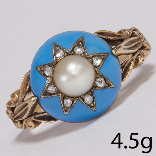 50 - ANTIQUE ENAMEL PEARL AND DIAMOND RING,
4.5 grams, high carat gold.
Turquoise blue enamel.
Diamonds b... 