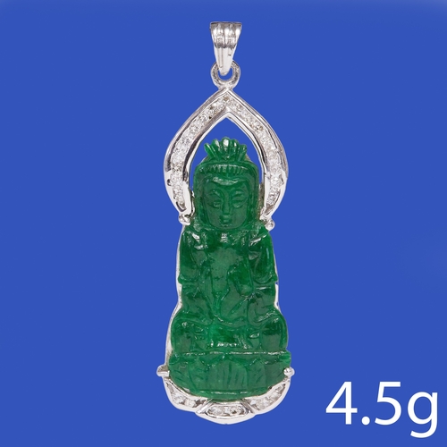 12 - CARVED GREEN JADE AND DIAMOND PENDANT,
5.4 grams, testing 18 ct. gold.
Vibrant green jade carved pla... 