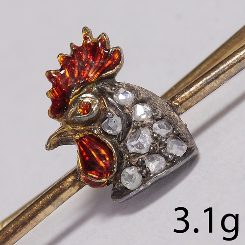 122 - ANTIQUE ENAMEL AND DIAMOND ROOSTER BROOCH,
3.1 grams.
Diamonds bright and lively.
Red enamel,in good... 