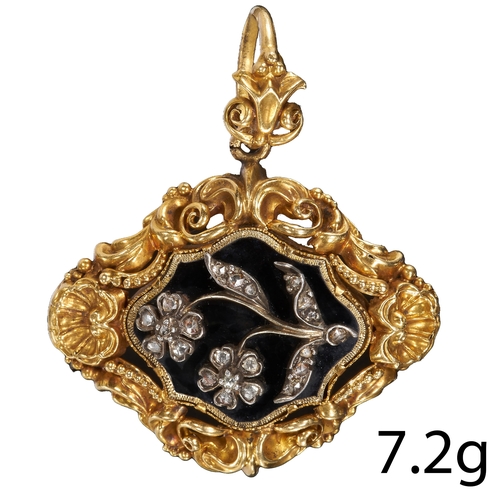 130 - GEORGIAN ENAMEL AND DIAMOND BROOCH/PENDANT,
7.2 grams, testing 18 ct. gold.
Diamonds bright and live... 