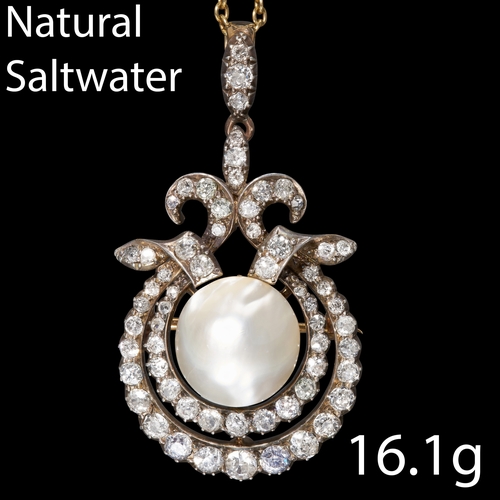 132 - FINE LARGE CERTIFICATED NATURAL SALTWATER PEARL AND DIAMOND PENDANT/BROOCH
16.1 grams. High carat go... 