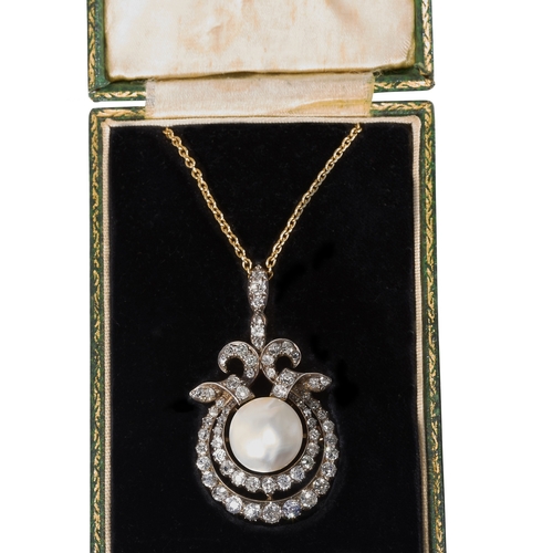 132 - FINE LARGE CERTIFICATED NATURAL SALTWATER PEARL AND DIAMOND PENDANT/BROOCH
16.1 grams. High carat go... 