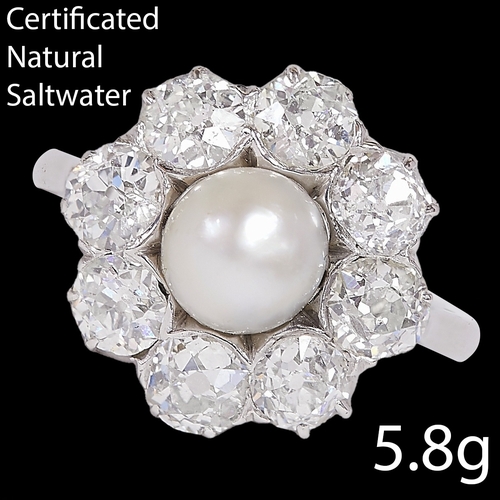 133 - CERTIFICATED NATURAL SALTWATER PEARL AND DIAMOND CLUSTER RING, 
Set to the center with a natural sal... 