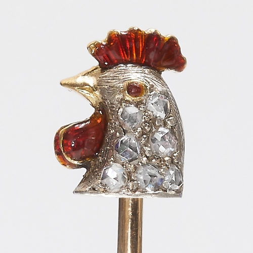 151 - ANTIQUE DIAMOND AND ENAMEL ROOSTER STICK PIN,
High carat gold.
Red enamel in good condition.
Diamond... 