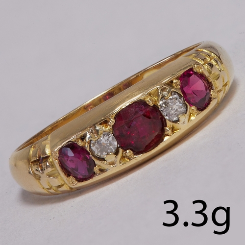 156 - EDWARDIAN RUBY AND DIAMOND FIVE STONE RING.
3.3 grams, 18ct gold.
Set with vibrant rubies.
Size: P