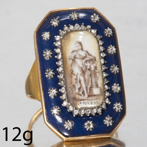 160 - RARE AND UNUSUAL GEORGIAN DIAMOND AND ENAMEL RING,
12 grams, High carat gold.
The center finely pain... 