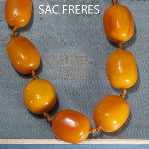 161 - SAC FRERES, OLD BOND STREET. IMPORTANT LARGE BUTTERSCOTCH/EGG YOLK BALTIC AMBER BEAD HAND KNOTTED NE... 
