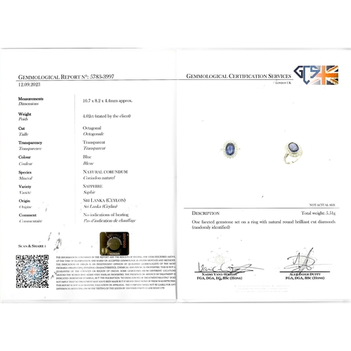 172 - CERTIFICATED CEYLON NO HEAT SAPPHIRE AND DIAMOND CLUSTER RING,
5.5 grams, Platinum
Rich and vibrant ... 