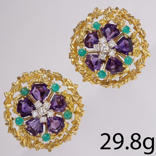 174 - VINTAGE GOLD PAIR OF AMETHYST, DIAMOND AND EMERALD CLIP ON EARRINGS 
29.8 grams 
rich vibrant matchi... 