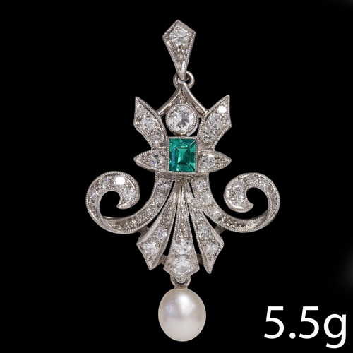 176 - FINE DIAMOND EMERALD AND PEARL PENDANT,
5.5 Grams   Platinum.
Vibrant green emerald of approx. 0.52 ... 