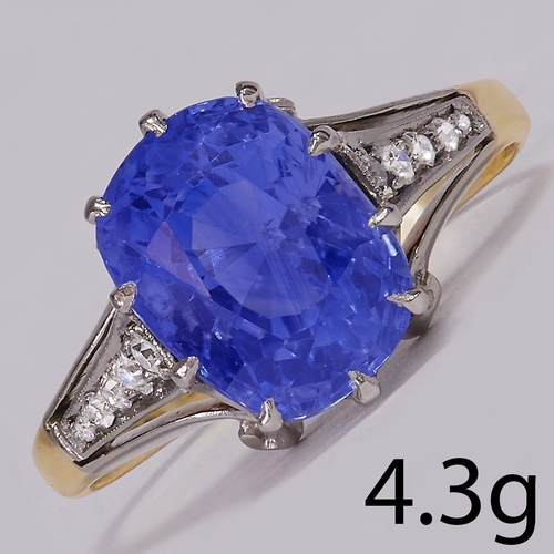 194 - VICTORIAN SAPPHIRE AND DIAMOND DRESS RING.
High carat gold.
Set with vibrant sapphire 5.30ct approx.... 