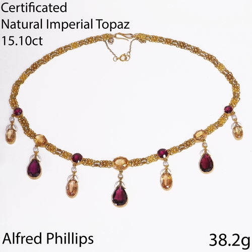 196 - ALFRED PHILLIPS, EXQUISITE LATE 19TH CENTURY CERTIFICATED IMPERIAL TOPAZ AND GARNET ENAMEL FRINGE NE... 