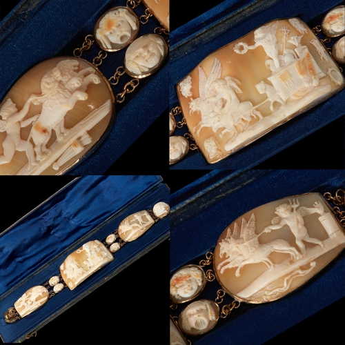 197 - IMPRESSIVE GOLD MOUNTED SHELL CAMEO BRACELET. 
34.7 Grams High carat gold. 
With fine carvings of li... 