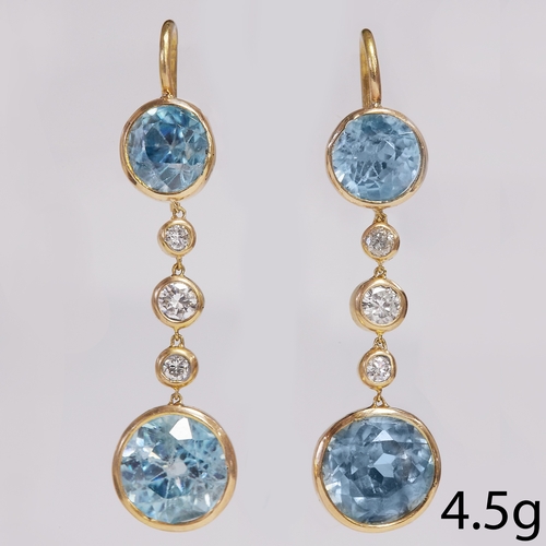 199 - PAIR OF ZIRCON AND DIAMOND DROP EARRINGS,
High carat gold.
Vibrant blue zircons.
Diamonds bright and... 