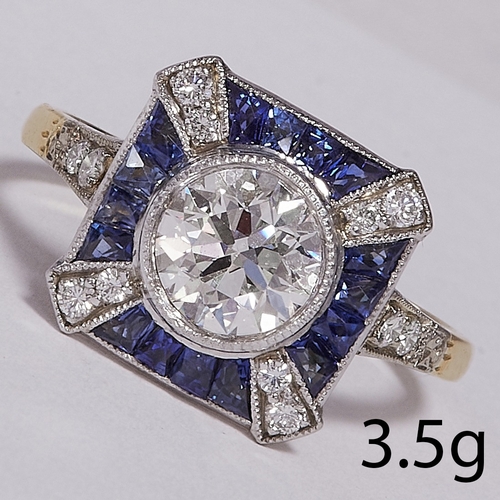 201 - ART-DECO DESIGN SAPPHIRE AND DIAMOND CLUSTER RING,
3.5 grams, 18 ct. gold.
Diamonds totalling approx... 