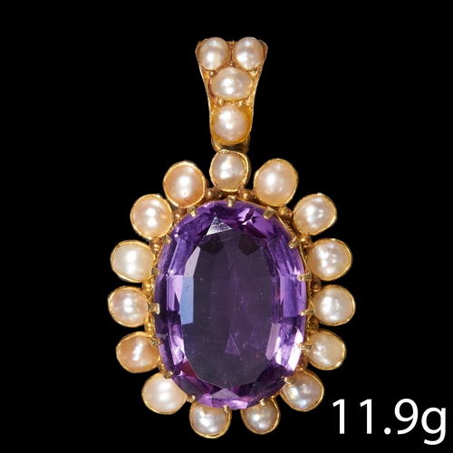 202 - ANTIQUE AMETHYST AND PEARL PENDANT.
11.9 grams. High carat gold.
Set with vibrant amethyst and match... 