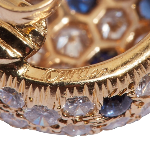 29 - CARTIER, BEAUTIFUL PAIR OF DIAMOND AND SAPPHIRE DOMED EARRINGS,
10.7 grams, 18 ct. gold. 
The domed ... 