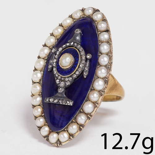 159 - ANTIQUE PEARL DIAMOND AND ENAMEL RING,
12.7 grams, testing 14 ct. gold.
The marquise shaped head sur... 