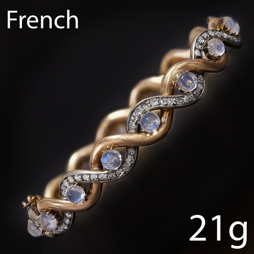 168 - VERY FINE DIAMOND AND MOONSTONE ETERNITY HINGED BANGLE,
21 grams, French.
Entwined design.
Bright an... 