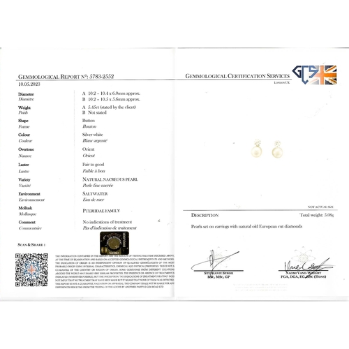 43 - CERTIFICATED NATURAL SALTWATER PEARL AND DIAMOND EARRINGS,
5.1 grams, testing 18 ct. gold.
The large... 