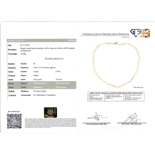 1 - MAGNIFICENT CERTIFICATED NATURAL SALTWATER PEARL NECKLACE WITH A DIAMOND CLASP. 
19.4 grams.
Graduat... 