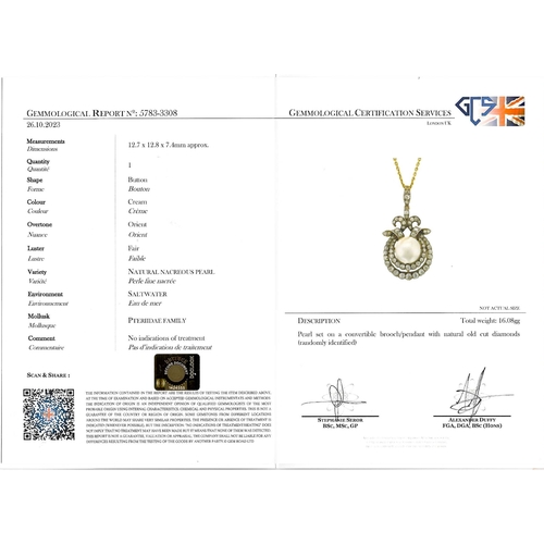 132 - FINE LARGE CERTIFICATED NATURAL SALTWATER PEARL AND DIAMOND PENDANT/BROOCH
16.1 grams. High carat go... 