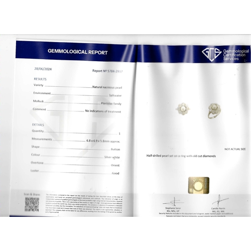 133 - CERTIFICATED NATURAL SALTWATER PEARL AND DIAMOND CLUSTER RING, 
Set to the center with a natural sal... 