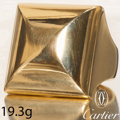 211 - CARTIER, DOMED SQUARE RING,
19.3 grams, 18 ct. gold.
Signed Cartier and numbered.
Dated 1999.
Size M... 