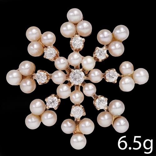 220 - ANTIQUE PEARL AND DIAMOND SNOWFLAKE BROOCH/PENDANT 
6.5 grams, high carat gold 
pearls well matched,... 