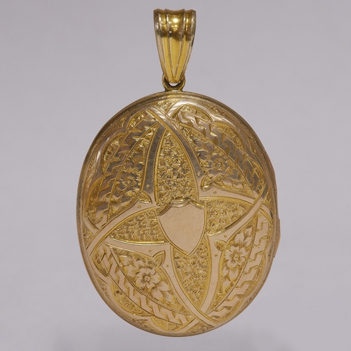 222 - VICTORIAN GOLD LOCKET PENDANT,
16.9 grams.
Front and back with relief and engraved decoration.
L. 5.... 