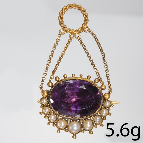 223 - GEORGIAN AMETHYST AND PEARL BROOCH PENDANT.
5.6 gram. Testing high carat gold.
Set with vibrant amet... 