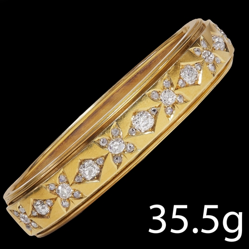 226 - IMPRESSIVE VICTORIAN DIAMOND HINGED BANGLE 
35.5 grams. high carat gold 
with bright lively old cut ... 