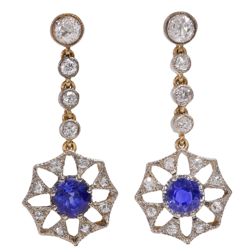 230 - LOVELY PAIR OF EDWARDIAN SAPPHIRE AND DIAMOND EARRINGS.
High carat gold.
Vibrant blue sapphires tota... 