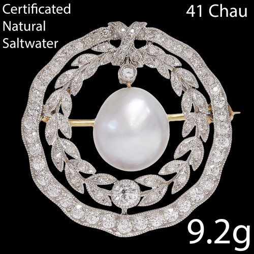 235 - BELLE EPOQUE CERTIFICATED NATURAL SALTWATER PEARL AND DIAMOND BROOCH/PENDANT,
9.2 grams.
The large p... 