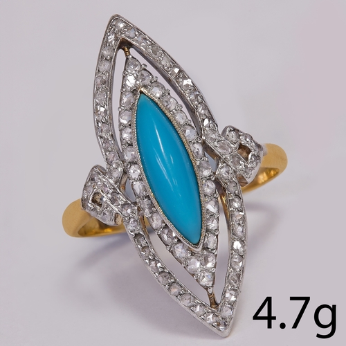213 - BELLE EPOQUE TURQUOISE AND DIAMOND RING
4.7 grams, High carat gold.
Vibrant turquoise.
Diamonds brig... 